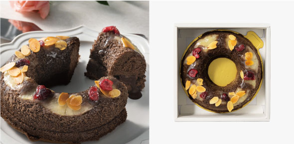 ホシフルーツの出産内祝い・お返し_パインなどをトッピングした、濃厚チョコホールケーキ。