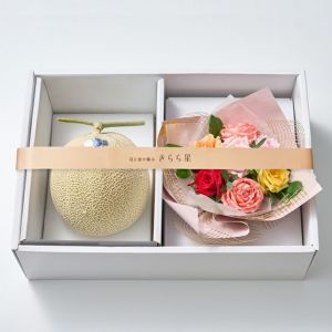ホシフルーツ_メロンと薔薇のギフトセット_花と実の極み きらら星　静岡県産アールスメロン＆そのまま飾れる薔薇アレンジメントカラフル