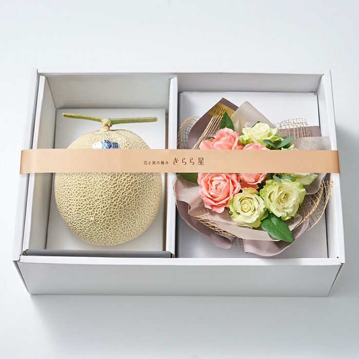 ホシフルーツ_メロンと薔薇のギフトセット_花と実の極み きらら星　静岡県産アールスメロン＆そのまま飾れる薔薇アレンジメントロマン