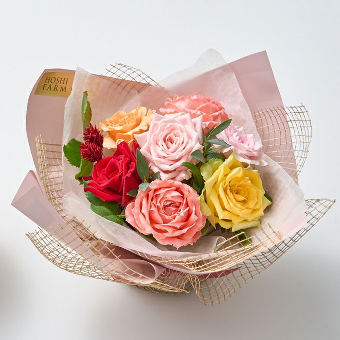 ホシフルーツ_シャインマスカットと薔薇のギフトセット_花と実の極み きらら星　岡山県産シャインマスカット晴王＆そのまま飾れる薔薇アレンジメントカラフル