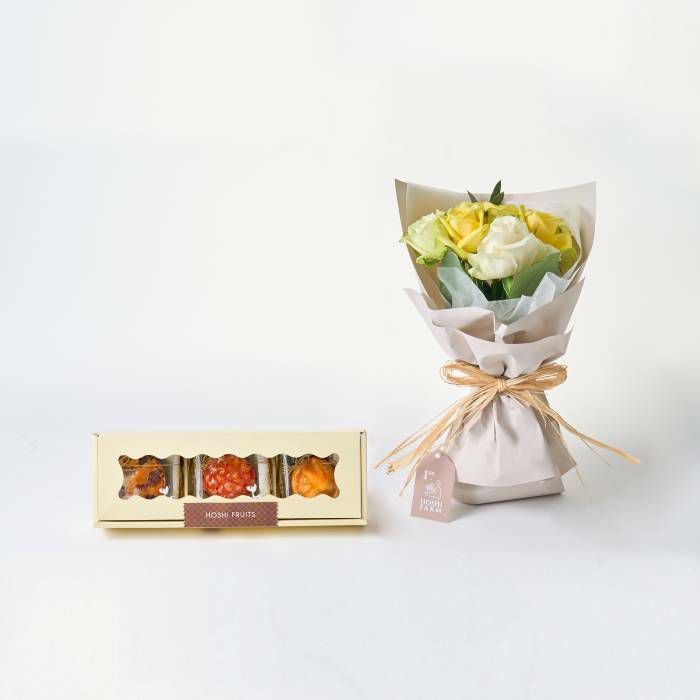 ホシファーム　フリルブーケ　ホワイトイエローグリーン８本＆ホシフルーツ　煌めき果実のカップケーキ３個