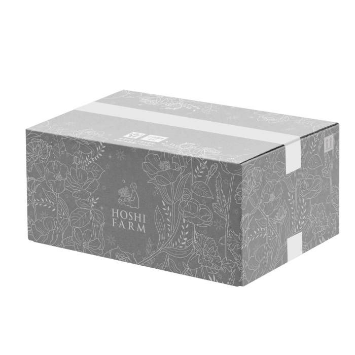 草花の線画があしらわれたグレーの段ボール_ホシファーム フリルブーケ８本＆ホシフルーツ煌めき果実のカップケーキ