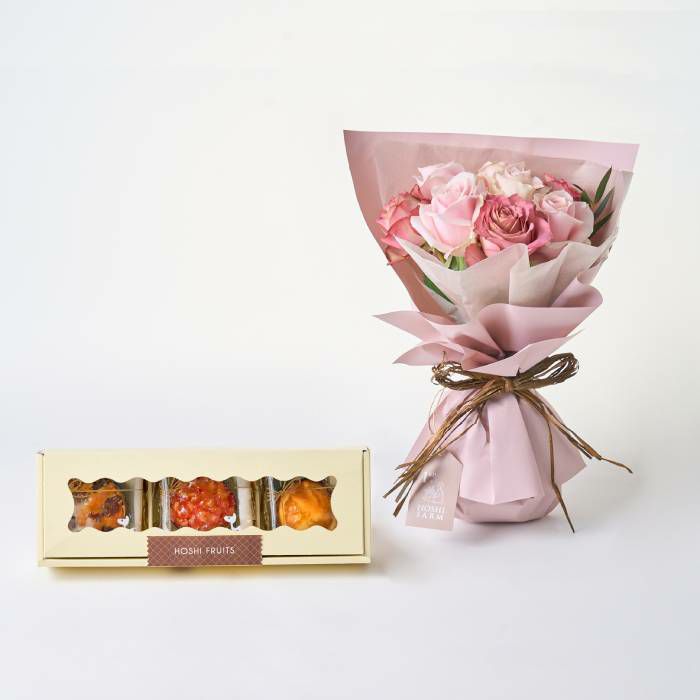 ホシファーム　フリルブーケ　ニュアンスピンク８本＆ホシフルーツ　煌めき果実のカップケーキ３個