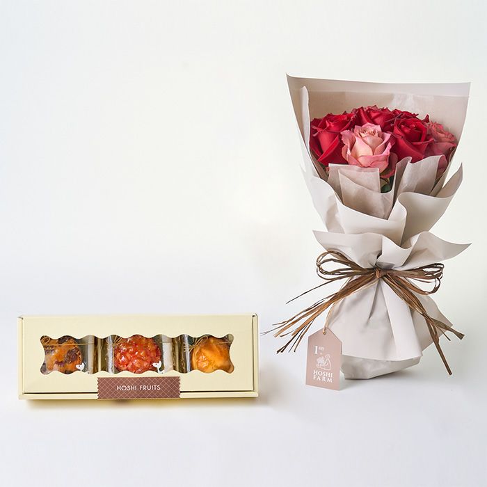 ホシファーム　フリルブーケ　ニュアンスレッド８本＆ホシフルーツ　煌めき果実のカップケーキ３個